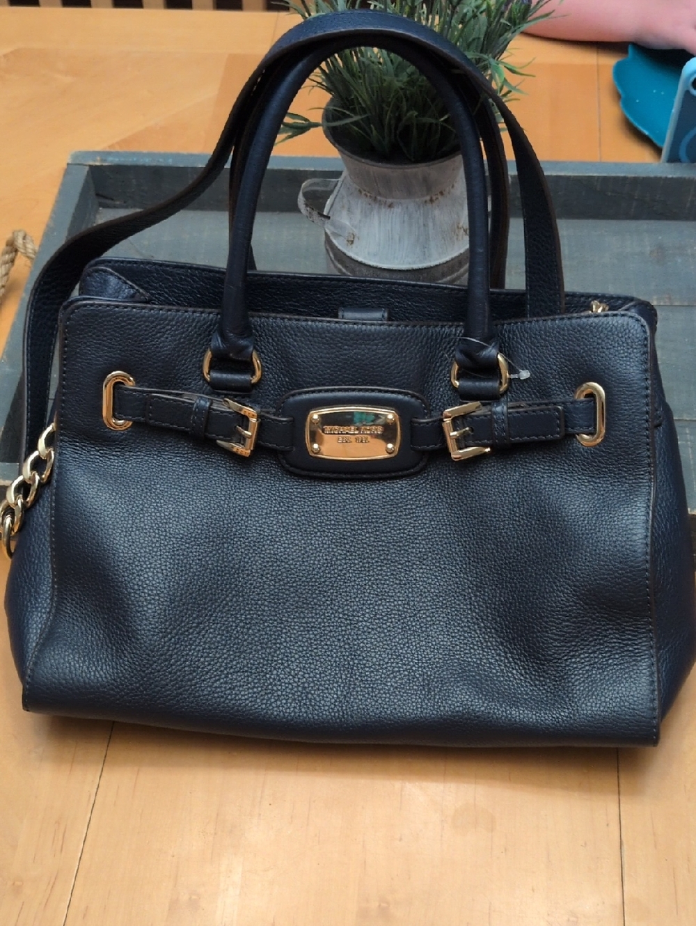 MICHAEL Michael Kors Navy East West Hamilton Leather Satchel with Gold Accents